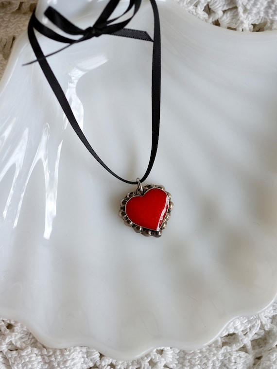 Vintage Mexican Chunky Sterling Red Enamel Heart P