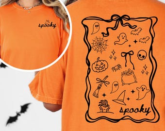 Spooky Halloween Doodle Comfort Colors Shirt, Cute Halloween Doodles Tee For Women, Girly Ghost Graphic Tee, Spooky Coquette Bow T-shirt