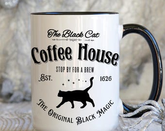 Black Cat Coffee House Mug, Halloween Coffee Cup, Black Cat Lover Gift, Witchy Aesthetic, Spooky Cat Tea Cup, Black cat mug, Unique Cat Mug