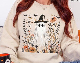 Floral Ghost Sweatshirt, Boho Witch Ghost Sweatshirt For Women, Halloween Ghost Sweater, Fall Boho Ghost Top, Cottagecore Ghost Sweatshirt