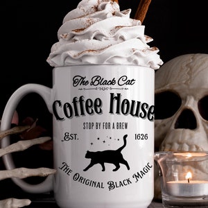 黒猫コーヒーハウスマグ、ハロウィンコーヒーカップ、黒猫好きへのギフト、魔女の美学、不気味な猫のティーカップ、黒猫マグ、ユニークな猫マグ