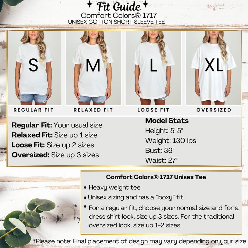 K&ouml;nnte beinhalten: Eine Gr&ouml;&szlig;entabelle f&uuml;r Unisex-T-Shirts mit kurzen &Auml;rmeln Comfort Colors 1717. Die Tabelle zeigt Models in wei&szlig;en T-Shirts in den Gr&ouml;&szlig;en S, M, L und XL. Modelldaten: 165 cm gro&szlig;, 59 kg, Brustumfang 91 cm und Taillenumfang 69 cm.