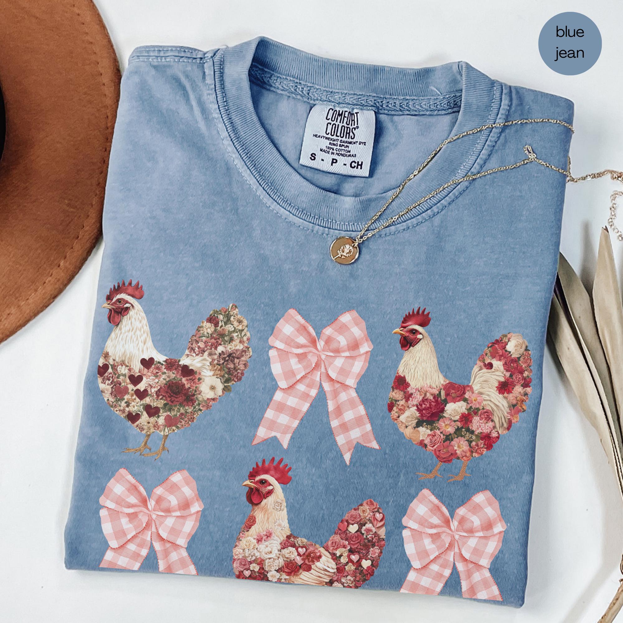 Floral Chicken Plaid Bow Shirt, Chicken Lover T-shirt, Farm Life Coquette Shirt, Farm Lover Shirt, Chicken Lover Gift, Homestead Tee