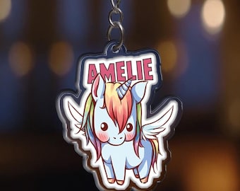 Gepersonaliseerde eenhoorn-sleutelhanger | Acrylbedel, cadeau voor meisjes
