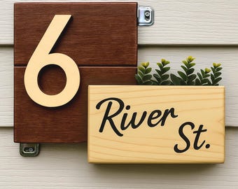 Moderne Holz Hausnummer Schild mit Blumenkasten - Individuelles Adressschild