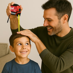 Puede incluir: Una cinta m&eacute;trica roja y negra con la palabra "Dad" impresa se utiliza para medir la altura de un ni&ntilde;o. La cinta m&eacute;trica indica "5' 16"" y el texto "Chloe & Adam" tambi&eacute;n est&aacute; impreso.