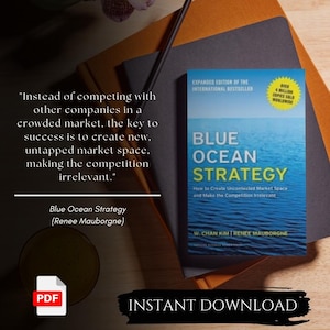 Puede incluir: Una portada de libro con un fondo de océano azul y el título "Estrategia Océano Azul: Cómo crear un espacio de mercado incontestado y hacer que la competencia sea irrelevante." El libro es de W. Chan Kim y Renee Mauborgne. La portada también incluye una cita del libro: "En lugar de competir con otras empresas en un mercado abarrotado, la clave del éxito es crear un nuevo espacio de mercado sin explotar, haciendo que la competencia sea irrelevante."