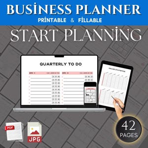 May include: A digital planner with 42 pages for business planning. The planner includes sections for quarterly to-do lists and online statistics. The planner is printable and fillable. The image shows a laptop, a tablet, and a smartphone displaying different sections of the planner.