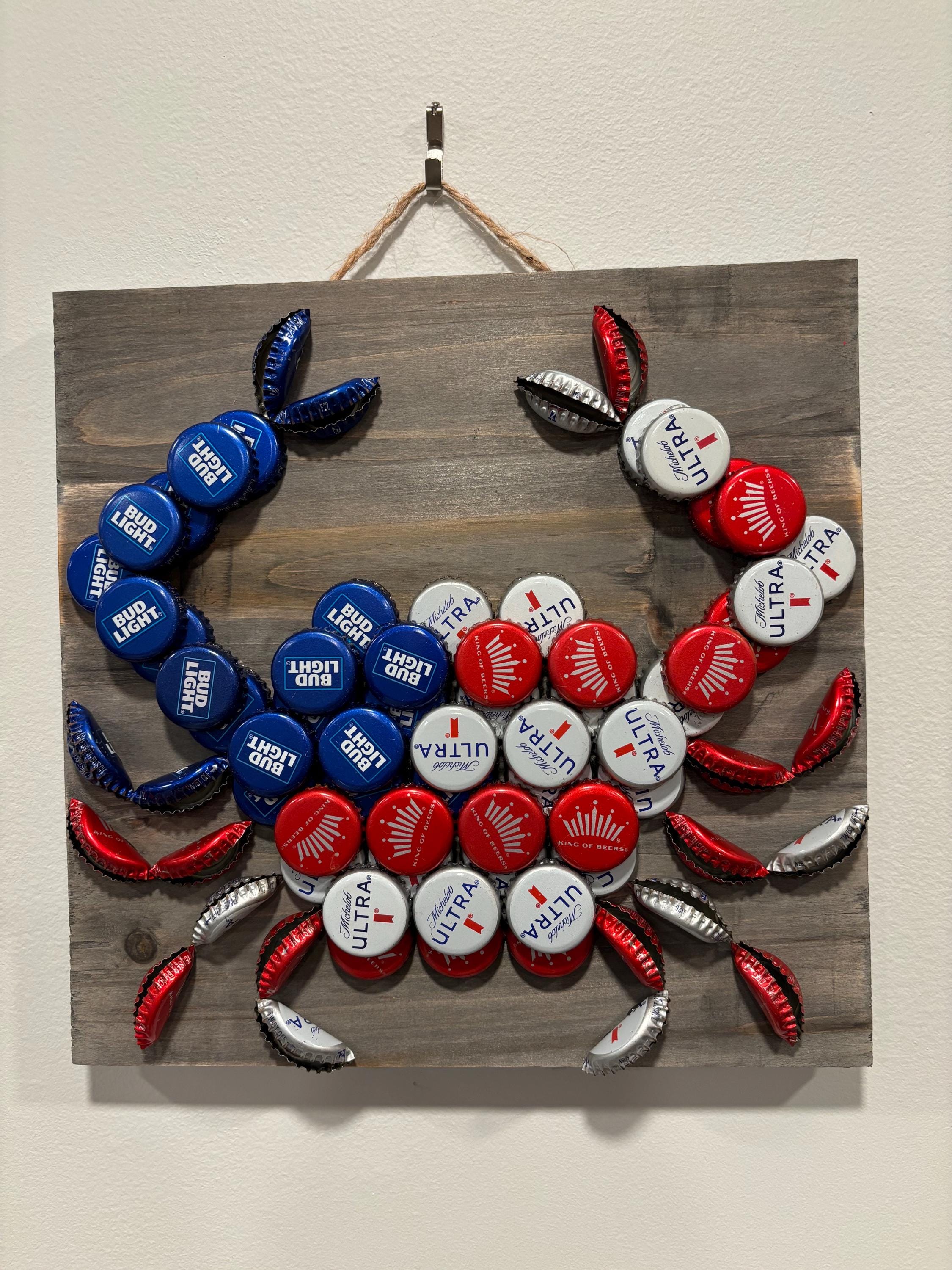 Bottle Cap Wall Hanging Art-red, White and Blue Crab - Etsy