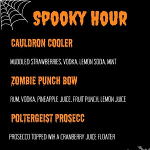 May include: A black Halloween-themed menu with orange text that reads "Spooky Hour." The menu lists four cocktails: Cauldron Cooler, Zombie Punch Bow, Poltergeist Prosecc, and Mummy's Mocha Martini. A spiderweb and bats are in the corners.