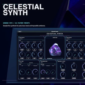 Może przedstawiać: Cyfrowy interfejs oprogramowania o nazwie Celestial Synth z ciemnoniebieską kolorystyką, białym tekstem i liniami. Układ zawiera dwa oscylatory, sekcję sub-noise, filtr wielotrybowy oraz wyjście amplitudy z centralną grafiką fioletowego kryształu.