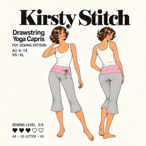 May include: A PDF sewing pattern titled Kirsty Stitch Drawstring Yoga Capris, sizes AU 6-14 and XS-XL. The illustration shows a white tank top and grey capri pants with a pink polka-dot waistband and drawstring, viewed from front and back.