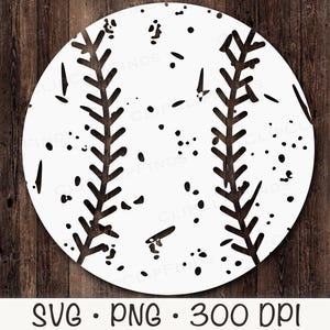 May include: A white baseball with black stitching and a distressed, speckled background. The baseball is a circle with a diameter of approximately 10 inches.