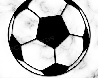 May include: A black and white soccer ball design. The ball features black pentagons and white hexagons, with a clear outline. The image includes the text "SVG • PNG • 300 DPI".