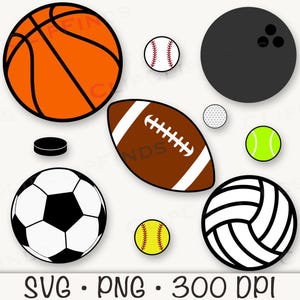Paquete de pelotas deportivas: béisbol, sóftbol, baloncesto, voleibol, fútbol, tenis, bolos, disco, golf, SVG, PNG