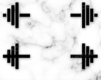 May include: Four black and white dumbbell icons on a white marble background. The dumbbells are in different positions, with the weights facing up, down, left, and right.