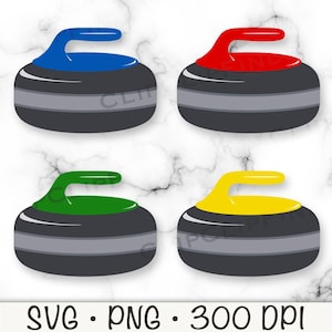 May include: Four curling stones with blue, red, green, and yellow handles. Each stone is dark grey with a lighter grey band. The handles are curved. The image includes the text 'SVG • PNG • 300 DPI'.
