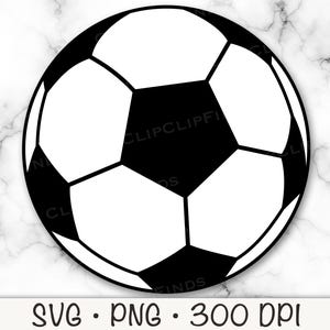 May include: A black and white soccer ball illustration. The ball features a classic pentagon and hexagon design. The image includes the text "SVG • PNG • 300 DPI".