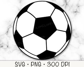 May include: A black and white soccer ball illustration. The ball features a classic pentagon and hexagon design. The image includes the text "SVG • PNG • 300 DPI".