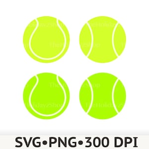 May include: Four bright neon yellow tennis balls arranged in a two-by-two grid. Each ball features the characteristic white curved seam pattern. The text SVG PNG 300 DPI is printed in black at the bottom of the image against a white background.