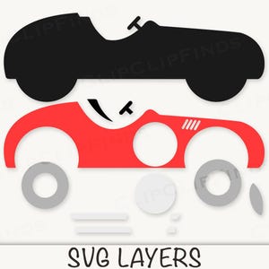 May include: SVG layers for a red race car with black wheels. The car has a white steering wheel and three white lines on the side. The SVG layers include the car outline, wheels, steering wheel, and lines.