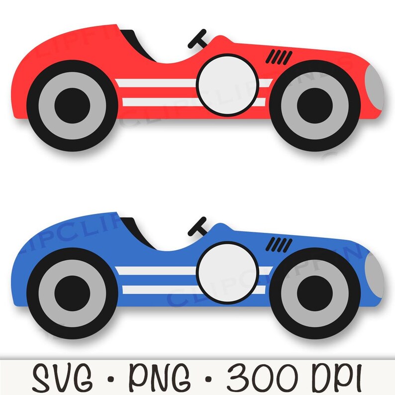 May include: Two cartoon race cars, one red and one blue, with white stripes and gray wheels. Both cars have a blank circle where the driver would be.