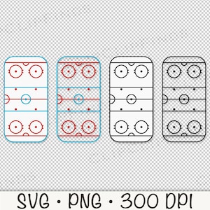 Op de afbeelding: Drie ijshockeyveld contouren, één in rood en blauw, één in blauw en één in zwart. Elk veld heeft drie cirkels boven en onder, en een middelste cirkel.
