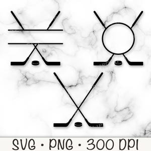 May include: Black and white hockey-themed SVG and PNG designs. The image features hockey sticks and pucks in various arrangements, including crossed sticks and a circle for personalization. The background is a marble pattern. The text "SVG • PNG • 300 DPI" is at the bottom.