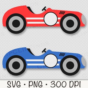 May include: Two cartoon race cars, one red and one blue, with white stripes and gray wheels. The cars have a white circle in the middle where you can add your own text.