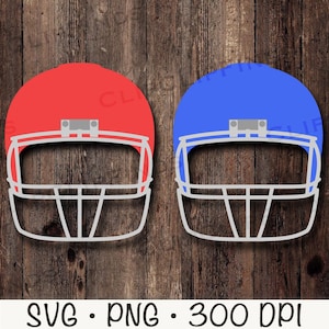 以下が含まれることがあります： 白いフェイスマスクが付いた、赤と青のフットボールヘルメット2つ。ヘルメットは木製の背景の上に置かれています