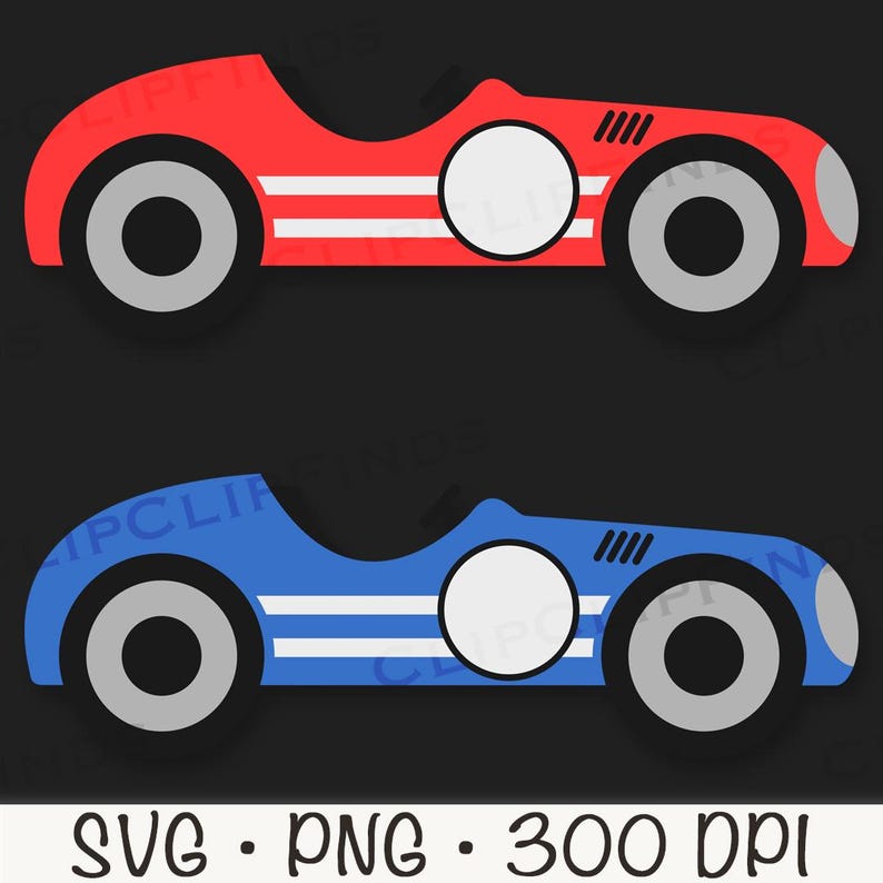 May include: Two cartoon race cars, one red and one blue, with white stripes and white circles. The cars are facing the right side of the image.