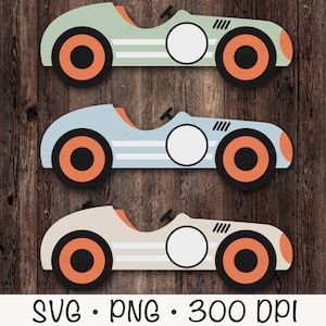 May include: Three vintage-style toy race cars with white stripes and orange wheels. The cars are in different colors: green, blue, and beige. Each car has a white circle in the center for personalization.