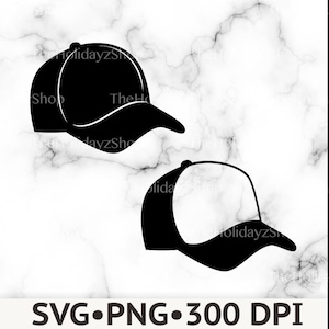 May include: Two black silhouette graphics of baseball caps, one shown from a side profile and one shown from a three-quarter angle. The text SVG PNG 300 DPI is printed in black at the bottom of the image, which features a white marble background.