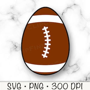 May include: A brown and white football shaped egg with white stitching down the center.