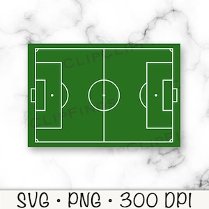 May include: A green football pitch illustration with white lines defining the pitch's layout, including the centre circle, penalty areas, and goal areas. The image includes the text "SVG • PNG • 300 DPI".
