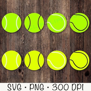 May include: Eight yellow tennis balls with black seams and white lines. The balls are arranged in two rows of four on a brown wooden background.