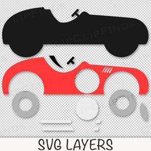 May include: SVG layers for a red race car with black wheels. The car is made up of separate pieces, including the body, wheels, and steering wheel.