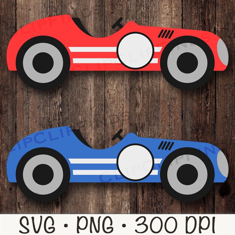 May include: Two cartoon race cars, one red and one blue, with white stripes and white circles in the middle. The cars have black wheels with gray rims.