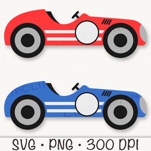 May include: Two cartoon race cars, one red with white stripes and one blue with white stripes. Both cars have a white circle in the middle of the car where a driver's face could be added.