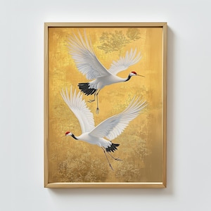 Ilustración de pájaros grulla japonesa, bandada japonesa de grullas, impresión de arte de pared, arte de pared asiático, arte de aves, arte japonés, cartel de pájaro de color boho