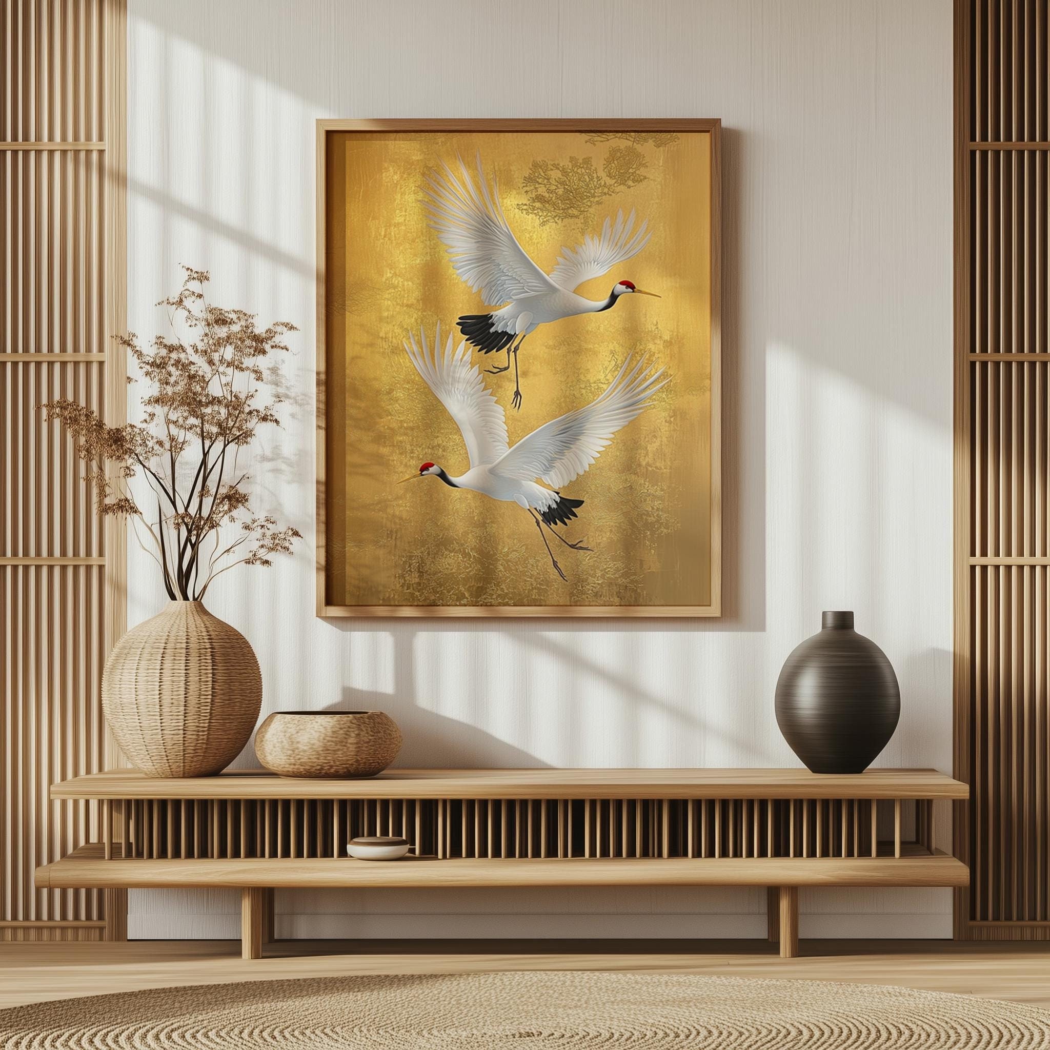 Japanese Crane Birds Illustration, Japanese Flock of Cranes, Wall Art ...