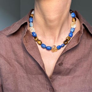 Power and Clarity Necklace/Lapis, Tiger Eye, Rough Citrine Nugget Beads/Handmade Gemstone Jewelry for Strength and Confidence/Narural Stones