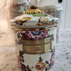 MacKenzie-Childs set of 3 Canisters, White Flower Market,  (1 each of small,  medium, large)