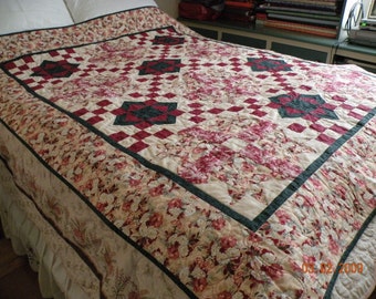 Cottage Charm Red and White Handmade Quilt - Large Lap Quilt READY TO GO - 56 x 70"