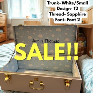 Small Custom Embroidered Metal Trunk SALE! | Personalized Fabric-Wrapped Keepsake Chest | Wedding & Baby Memory Box