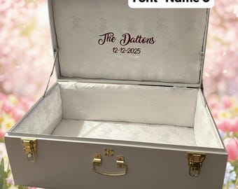 Custom Embroidered Metal Trunk | Personalized Fabric-Wrapped Keepsake Chest | Wedding & Baby Memory Box