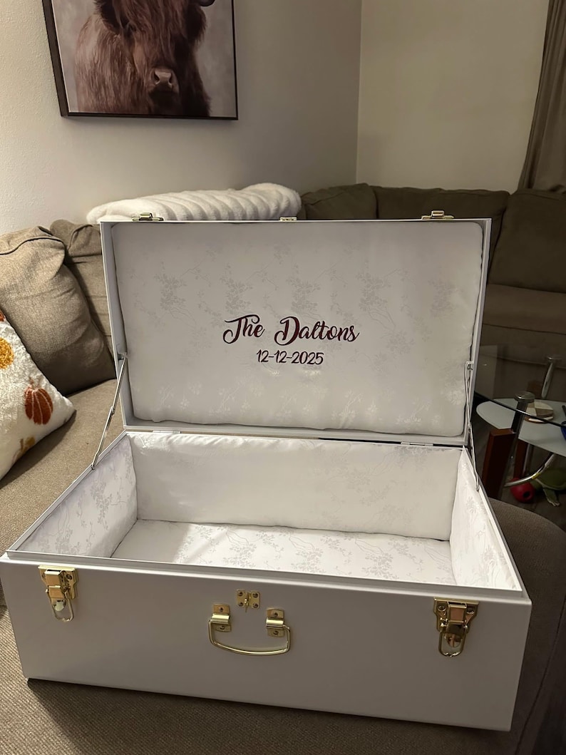 Custom Embroidered Metal Trunk | Fabric-Wrapped Storage Chest | Personalized Keepsake Box