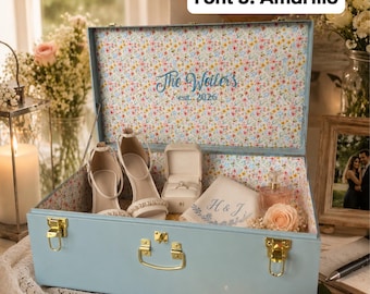 Custom Embroidered Metal Trunk | Personalized Fabric-Wrapped Keepsake Chest | Wedding & Baby Memory Box