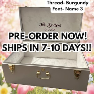 PRE-ORDER (Ships in 7-10 days)Custom Embroidered Metal Trunk | Personalized Fabric-Wrapped Keepsake Chest | Wedding & Baby Memory Box