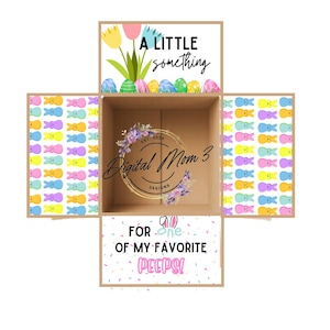 May include: A printable Easter gift box template with a light brown cardboard box and colorful designs. The top flap features a yellow, pink, and white flower with green leaves and the text "A LITTLE something". The side flaps feature a pattern of pastel yellow, blue, pink, and orange peeps. The bottom flap features a white background with colorful sprinkles and the text "FOR one OF MY FAVORITE PEEPS!"
